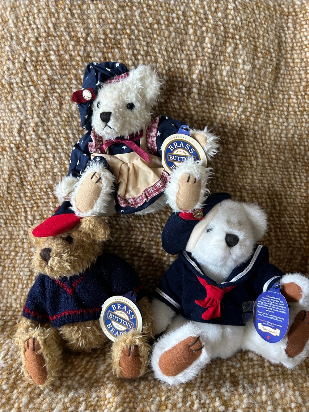 Brass Button Bears Plush Toy - Navy, White, Beige (Set of 3) Vintage 1996